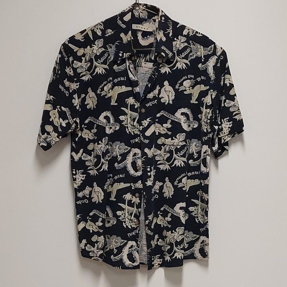 [VTG] SUMMA Black & White Silk Print Hawaiian Print S/S Camp Shirt, Size: L